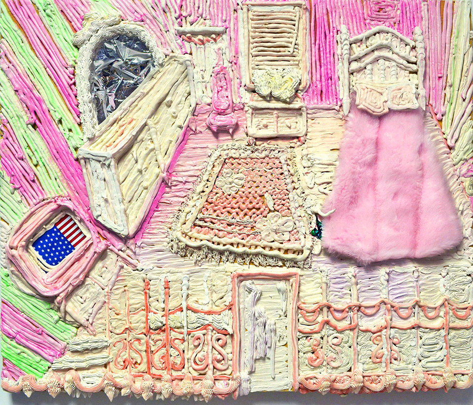 Yvette Mayorga, "Bedroom after 15th Birthday," 2016, Plaster piping on wood, acrylic, fur, tinfoil, artist selfie, soldier, and American flag, 36 x 36 inches